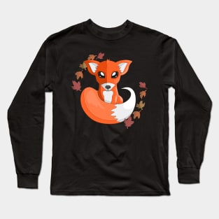 The Red Fox with Fall Leaves Long Sleeve T-Shirt